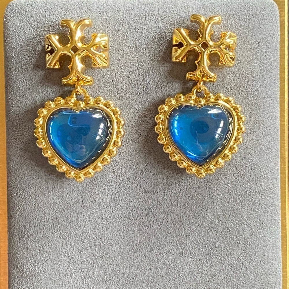 Tory Burch Roxanne blue crystal heart shaped drop earrings. New